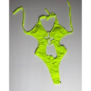 Neon Yellow Cutout Monokini Swimsuit With Adjustable Ties & Halter Neck